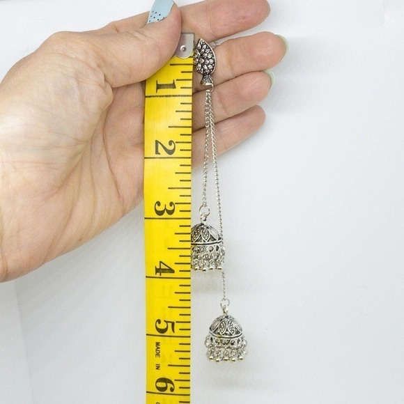 Bollywood-inspired Silver Jhumka Earrings with Elegant Duster Length Design - Picture 9 of 12